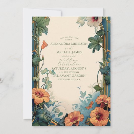 オリーブ&オレン結婚ジヴィンテージアールヌーボーフローラ 招待状 (正面)