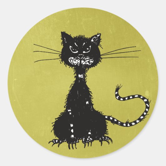 オリーブ・グリーンでぼろぼろの黒猫 ラウンドシール (正面)