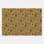 オリーブ・グリーンのキノコ、かぼちゃ、ひまわり ラッピングペーパーシート (正面)