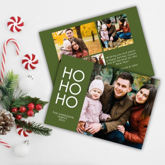 オリーブ・グリーン「HO HO HO」フォトコラージュ・クリスマス シーズンカード