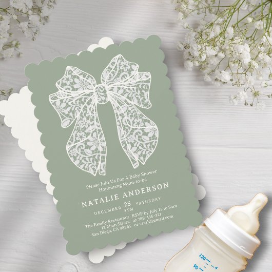 オリーブ・セージ・グリーンの花柄レース・コケッタ・ベイビーシャワー 招待状