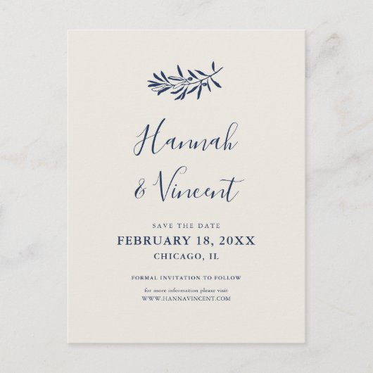 オリーブ ネイビー セーブ・ザ・デート ポストカード (正面)