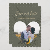 オリーブ モダン フォト ハート フレーム Save The Date 招待状 (正面/裏面)
