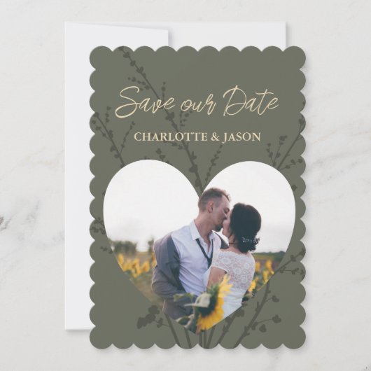 オリーブ モダン フォト ハート フレーム Save The Date 招待状 (正面)