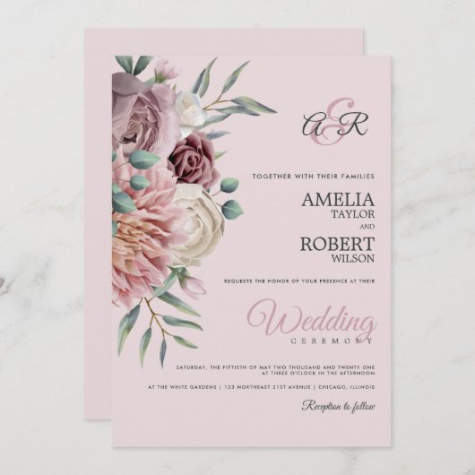 オリー素朴ブグリーンのピンクフローラ 招待状 (正面/裏面)