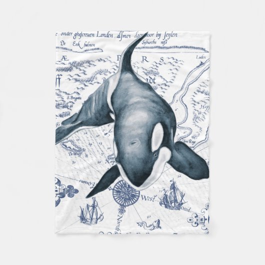 オルカの地図ブルー フリースブランケット (正面)