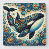 オルカキラークジラお洒落フローラ航海のビーチ スクエア壁時計 (正面)