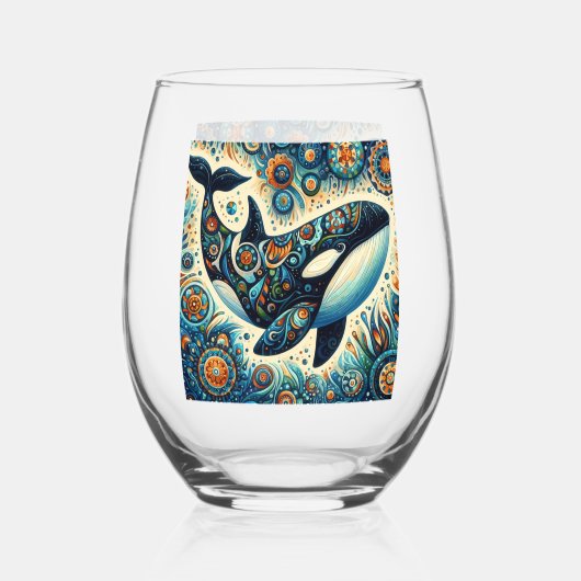 オルカキラークジラお洒落フローラ航海のビーチ ステムなしワイングラス (正面)