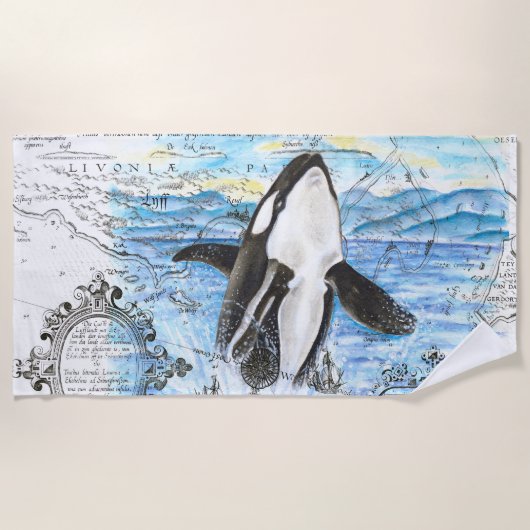 オルカクジラの古代地図を破る ビーチタオル (正面)