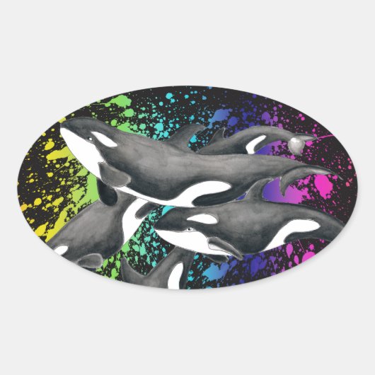 オルカクジラ水彩スプラッシュブラック 楕円形シール (正面)
