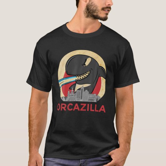 オルカジラ – キおもしろいラーホエールオルカ Tシャツ (正面)