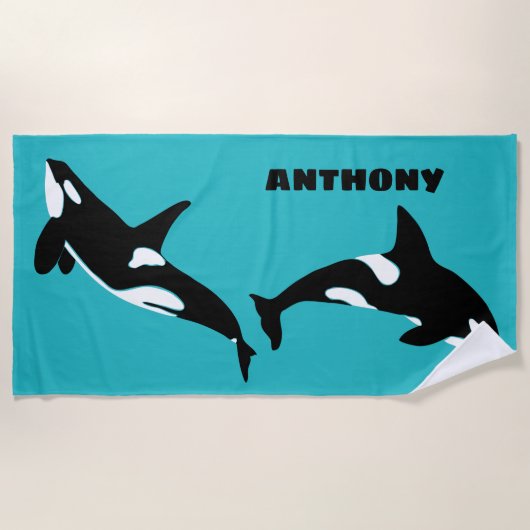 オルカスキラークジラティール(緑がかった色)ブルーパーソナライズされた ビーチタオル (正面)