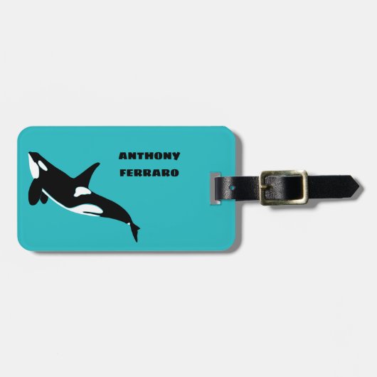 オルカスキラークジラティール（緑がかった色）ブルーパーソナライズされた ラゲッジタグ (正面横)