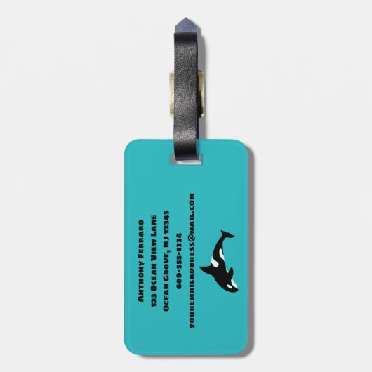 オルカスキラークジラティール（緑がかった色）ブルーパーソナライズされた ラゲッジタグ (裏面縦)