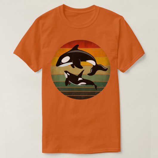 オルカファミリーヴィンテージレトロアートキラーホエールファミリー Tシャツ (デザイン正面)