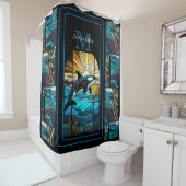 オルカホエールステイングラスブルースブラックモダンビーチ シャワーカーテン (インサイチュ)