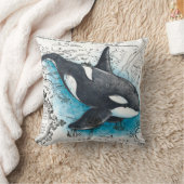 オルカホエールブルー水彩画航海の図 クッション (ブランケット)