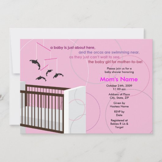 オルカモバイルガールクリブフラットベビーシャワー招待状 招待状 (正面)