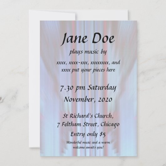 オルガンコンサートの招待ティール(緑がかった色)パイプ 招待状 (裏面)