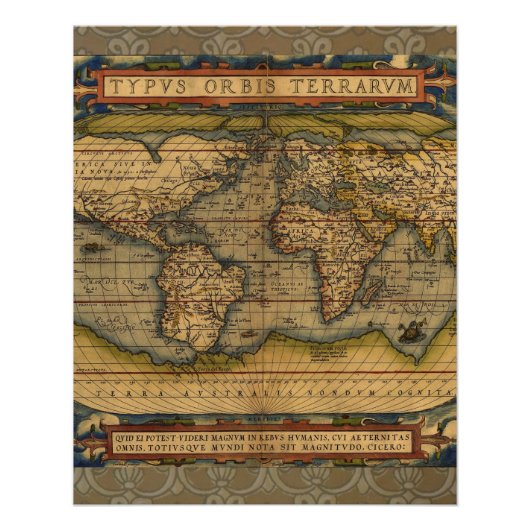 オルテリウス 1570 世界地図: アンティーク カートグラフィー ポスター (正面)