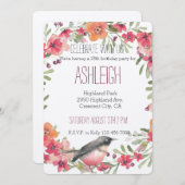 オレアンダーおよび鳥の水彩画の花柄の誕生日 招待状 (正面/裏面)