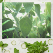 オレガノ ハーブ グリーン＆ホワイト キッチン ハンド タオル (折り畳み)