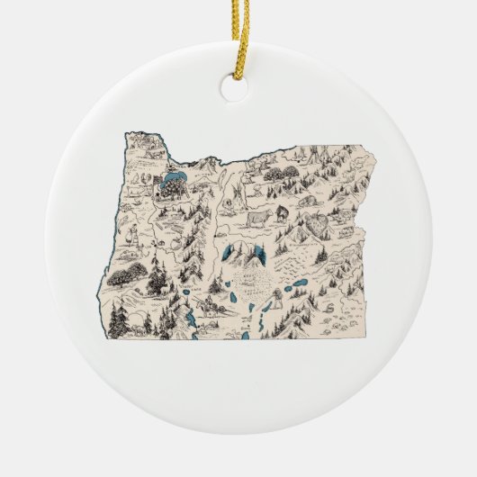 オレゴンシェイプヴィンテージ写真マップアンティーク図 セラミックオーナメント (正面)