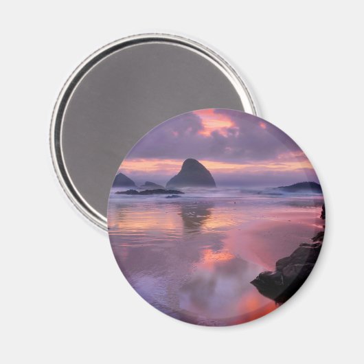 オレゴンビーチと海のスタック、日没 マグネット (正面/裏面)