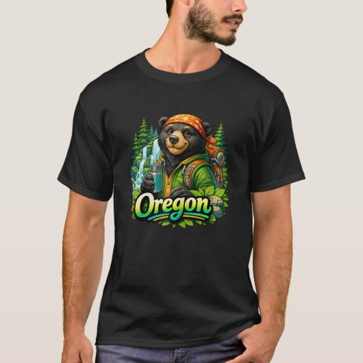 オレゴン州のハイキング ベア 森 滝 Tシャツ (正面)