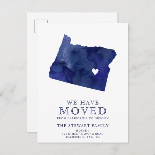 オレゴン州のマップ、ネイビーの水色ホーム移動 案内ポストカード (正面/裏面)