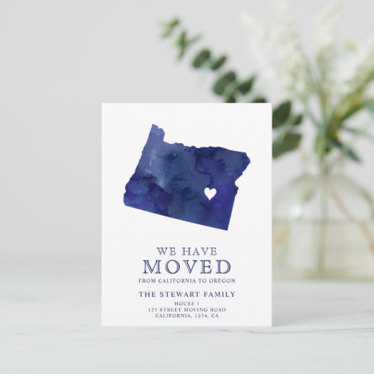 オレゴン州のマップ、ネイビーの水色ホーム移動 案内ポストカード (スタンド正面)