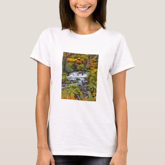 オレゴン州の森を流れる川、秋 Tシャツ (正面)