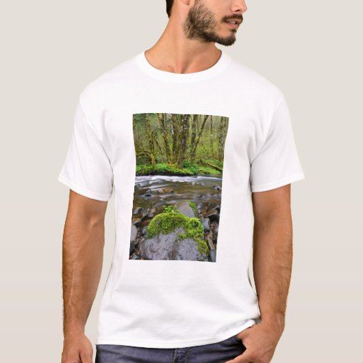 オレゴン州の緑豊かな森の川 Tシャツ (正面)