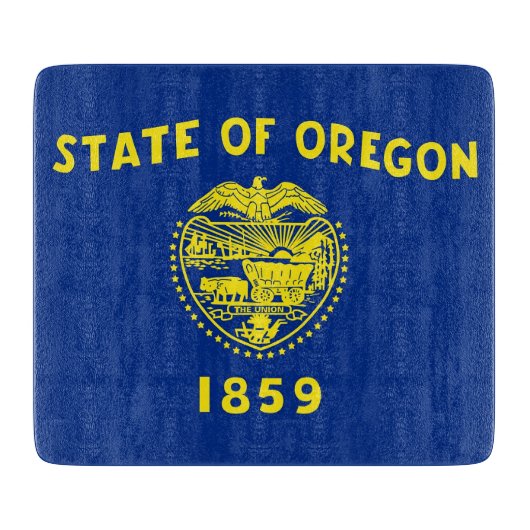 オレゴン州旗の付いた小さなガラス製のカッティングボード カッティングボード (正面)
