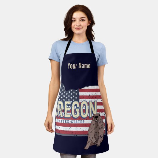 オレゴン州統一された州レトロマップUSAお土産 エプロン (着用した状態)