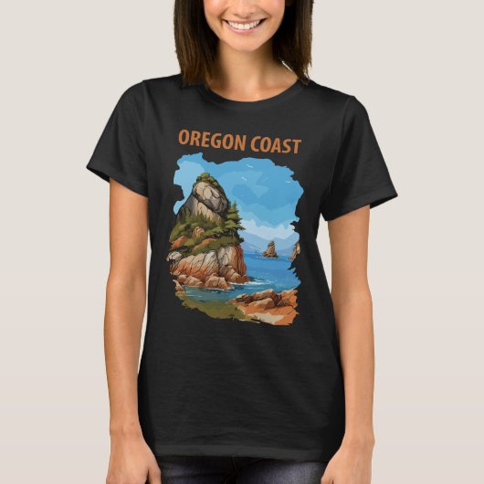 オレゴン海岸のシー・スタック レトロ トラベル Tシャツ (正面)