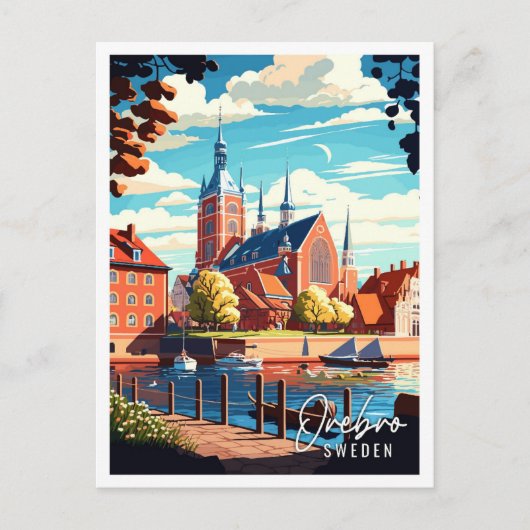 オレブロスウェーデンヴィンテージ旅行イラストレーション ポストカード (正面)