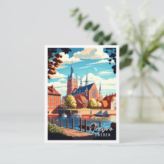 オレブロスウェーデンヴィンテージ旅行イラストレーション ポストカード (スタンド正面)
