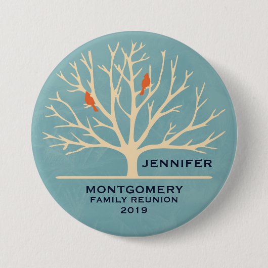 オレモダンンジ色の鳥が大木の家族の懇親会 缶バッジ (正面)