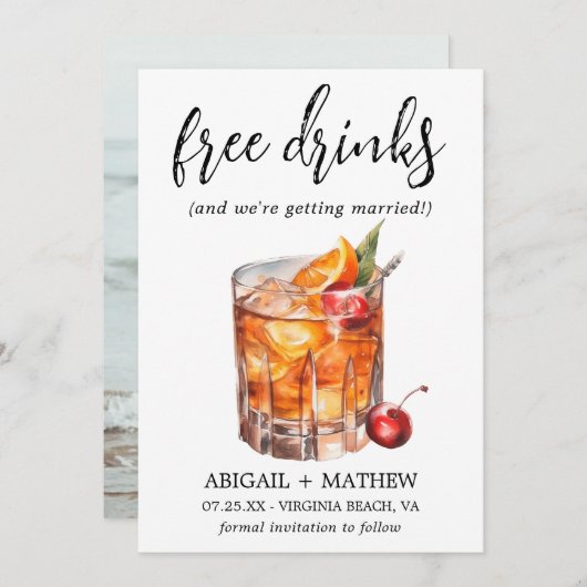 オレンおもしろいジウイスキーのカクテルがフォトズ結婚を飲む セーブザデート (正面/裏面)