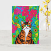 オレンお洒落ジストライプのネコ |ベスティーの誕生日 カード (黄色い花)