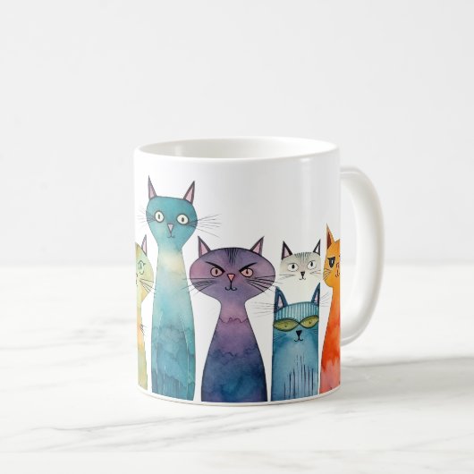 オレンお洒落ジパープルティール(緑がかった色)水彩猫 コーヒーマグカップ (正面右)