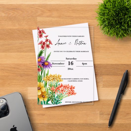 オレンかわいらしジパープルワイルドフラワー結婚フローラ アクリル招待状 (インサイチュ (招待状))