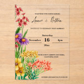 オレンかわいらしジパープルワイルドフラワー結婚フローラ アクリル招待状 (正面)