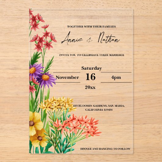 オレンかわいらしジパープルワイルドフラワー結婚フローラ アクリル招待状 (正面)