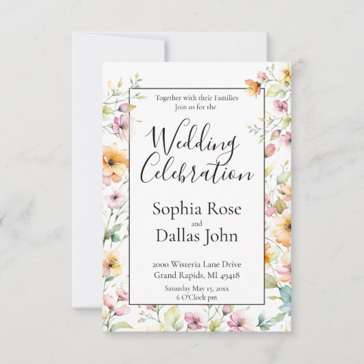 オレンかわいらしジピンクウォーターカラーワイルドフラワー結婚ズ 招待状 (正面)