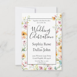 オレンかわいらしジピンクウォーターカラーワイルドフラワー結婚ズ 招待状