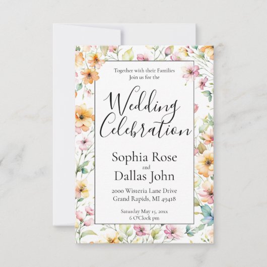 オレンかわいらしジピンクウォーターカラーワイルドフラワー結婚ズ 招待状 (正面)