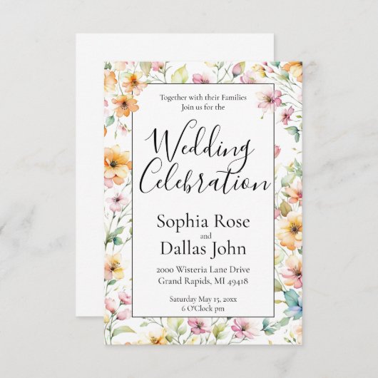 オレンかわいらしジピンクウォーターカラーワイルドフラワー結婚ズ 招待状 (正面/裏面)