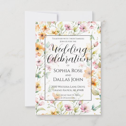 オレンかわいらしジピンクウォーターカラーワイルドフラワー結婚ズ 招待状 (正面)